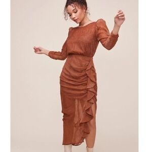 ASTR The Label Ginger Ruched Ruffle Midi Dress Brown Polka Dot Sheer‎ Sleeve M